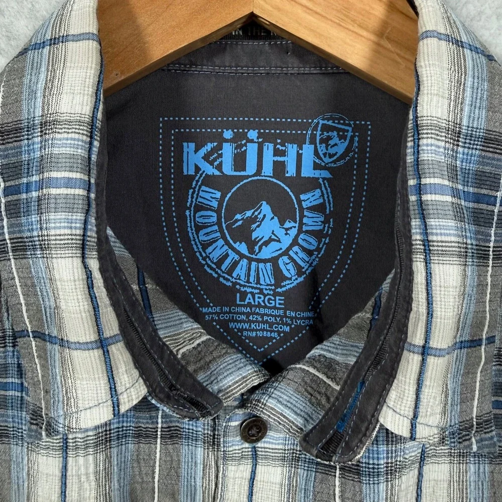 Kuhl Mens Large Blue Grey Plaid Short Sleeve Button Down Mountain Shirt Cotton - Picture 5 of 16